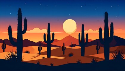 Silhouette desert landscape at sunset, featuring towering cacti and rolling hills, bathed in warm, golden light.