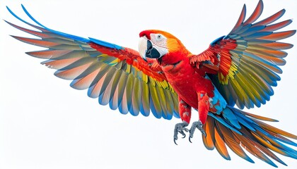 Fototapeta premium Scarlet Macaw in mid-flight with extended wings on white background.