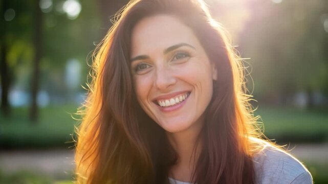 Radiant Smile: A Moment of Joy and Serenity in the Golden Hour Embracing the Warmth and Happiness of a Cheerful Woman
