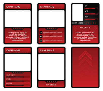 Modern game trading card templates with an red and black color. Customizable vector design for TCG, RPG, and character cards. Features slots for player name, stats, and description.