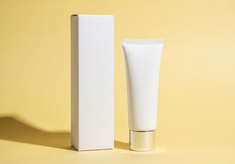 White cosmetic packaging mockup on light yellow background