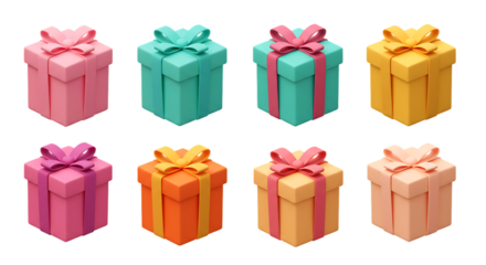 Colorful wrapped gift boxes with ribbons isolated on a transparent background present