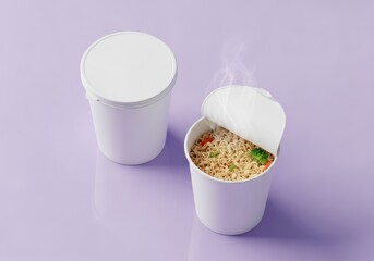 White disposable noodle cups mockup with steaming instant noodles perfect for packaging design inspiration