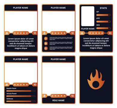 Modern game trading card templates with an orange gradient. Customizable vector design for TCG, RPG, and character cards. Features slots for player name, stats, and description, with a fire element.