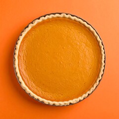 A whole pumpkin pie in a fluted crust sits on an orange background