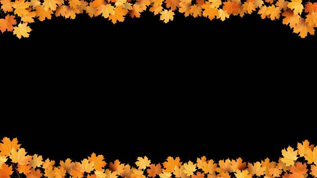 Animated frame border of autumn leaves arranged at the top and bottom of the screen with empty space in the center. Perfect for seasonal greetings, title cards, festive templates, Thanksgiving videos,