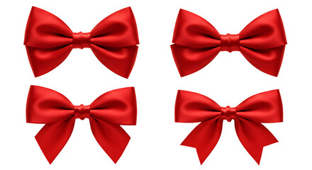 Four red satin bows on black background isolated on a transparent background ribbons decorative