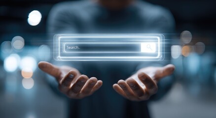 Person holding a holographic search bar