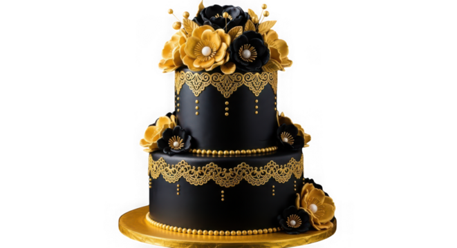 Elegant black and gold twotiered cake decorated with flowers and lace, isolated on transparent background