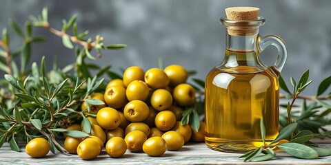 Green olives, fresh herbs, and olive oil in a glass bottle, home cooking, olive branch