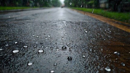 Drops falling on the floor during rainy season, capturing nature’s serenity, freshness, and tranquility in candid photography with peaceful atmospheric beauty