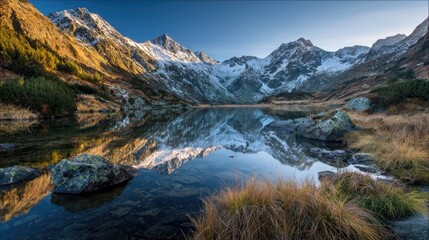 Fototapeta premium Serene mountain lake reflecting peaks at sunrise
