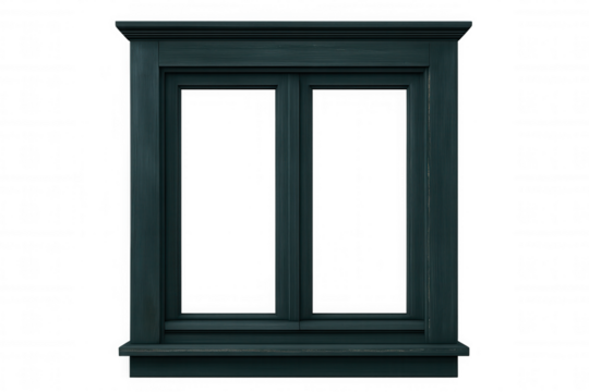 Vintage dark green wooden window frame, transparent backdrop highlighting architectural details for design professionals and visual creators
