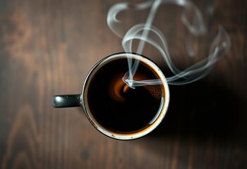 Overhead view of a coffee cup, dark grounds forming a design, wispy smoke rising, drink, cappuccino