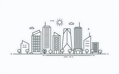 Fototapeta premium image is a minimalist line art illustration of a cityscape, featuring stylized skyscrapers, buildings, trees, and a serene atmosphere, focusing on geometric shapes and symmetry.