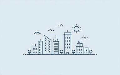 Obraz premium image is a minimalist line art illustration of a cityscape, featuring stylized skyscrapers, buildings, trees, and a serene atmosphere, focusing on geometric shapes and symmetry.
