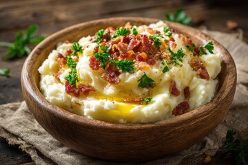 Creamy mashed potatoes topped with crispy bacon and fresh herbs