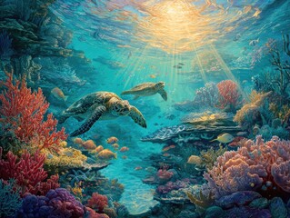 Vibrant underwater coral reef scene with sea turtles