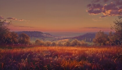 Serene Sunrise Over Colorful Field With Rolling Hills