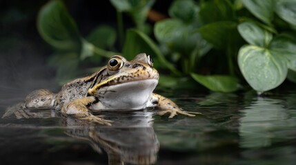 Frog Sitting Calmly in Still Water Surrounded by Lush Green Plants