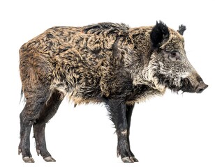 A wild boar stands in profile against a white background