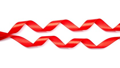 Two elegant, red satin ribbons gracefully curve and intertwine, creating a beautiful, symmetrical design against a stark white background.