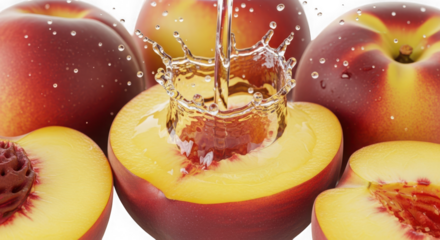 Juicy peaches with a splash of liquid in the center, isolated on a transparent background, showcasing their fresh and healthy qualities