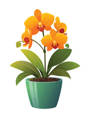 An eye-catching digital painting of a beautiful orange and yellow Phalaenopsis orchid with multiple vibrant flowers and green leaves, potted in a sleek ceramic pot