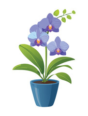 A realistic and beautiful vector illustration of a vibrant blue Phalaenopsis orchid plant with multiple detailed blooms and green leaves, sitting in a simple light blue pot