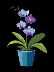 A dark and dramatic digital illustration of a rich purple Phalaenopsis orchid plant with blooming flowers and green leaves, beautifully potted in a stylish gray pot, perfect for a moody design