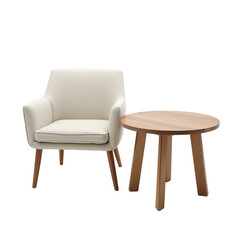 Obraz premium Modern upholstered armchair with wooden legs and a round side table. PNG transparent