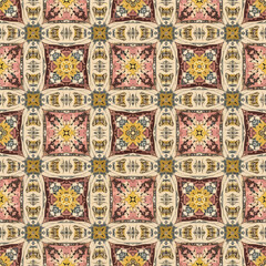 Seamless Pattern, Ornate tile pattern with floral motifs and geometric shapes in warm hues Stock royalty free  image.