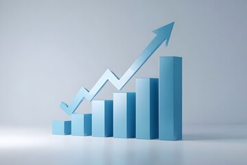 Blue bar graph with an upward arrow, 3D style, bright light.