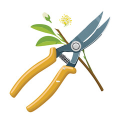 Yellow and Silver Pruning Shears and a Plant Sprig with Flower