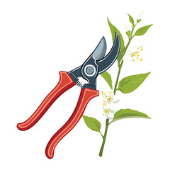 Red Pruning Tool for a Plant with White Blossoms and Leaves