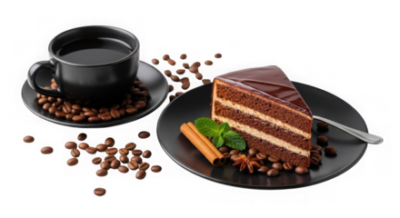 Delicious slice of chocolate cake with coffee cup and roasted beans, isolated on transparent background