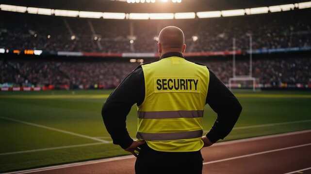 Stadium Security Guard Observes Crowd, Protecting Event, Safety.