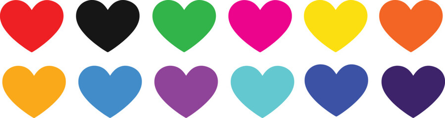 Obraz premium Twelve Colorful Heart Shapes Arranged in Two Rows on Transparent Background