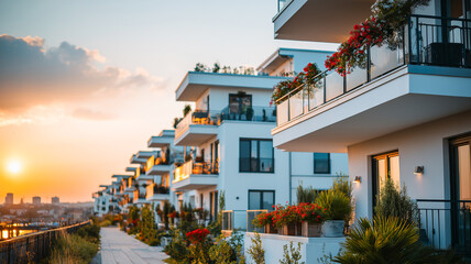Modern waterfront apartments at sunset with blooming balcony flowers and lush greenery, creating a serene and luxurious residential atmosphere.