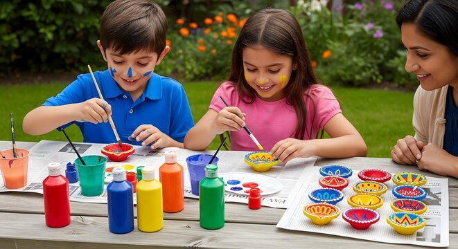 Children painting colorful diyas for Diwali festival with guidance from mother, creative family activity symbolizing tradition, joy, and cultural celebration - Powered by Adobe