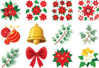 Christmas Vector Elements Collection with Poinsettias on transparent background