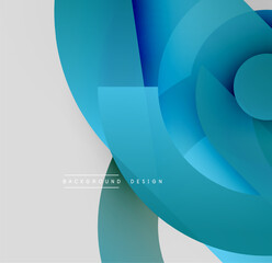 Abstract geometric shapes overlap, creating dynamic blue gradients. Modern design evokes depth, simplicity, visual harmony.