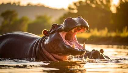 A hippopotamus with its mouth open, partially submerged in golden-lit water at sunset