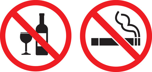No Smoking and No Alcohol Icons – Red Prohibition Sign Symbols for Health and Safety Warning, Editable Vector on White Background