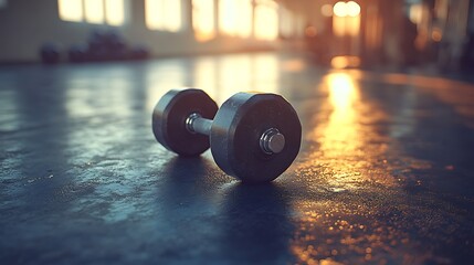 Dumbbell on gym floor at sunset with workout, fitness, and healthy lifestyle concept.