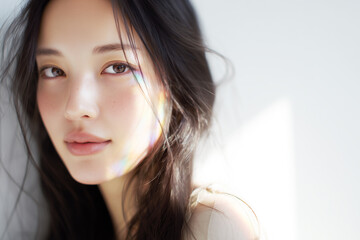 白い壁の前の笑顔の女性-美容ポートレート