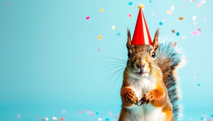 A playful squirrel, adorned with a festive party hat, stands amidst a celebratory backdrop of colorful confetti, showcasing a cheerful and jubilant mood.