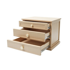 Small wooden chest of drawers with three open sliding drawers isolated on white. PNG transparent