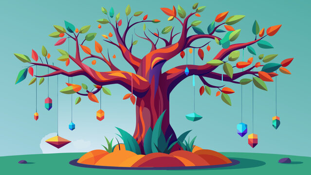 Vector art of a vibrant and artistic illustration of a colorful tree, symbolizing growth, nature, and the beauty of the changing seasons in a serene landscape