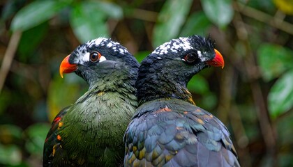 Close-up of two iridescent green birds